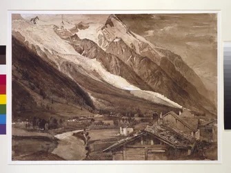 Recto: A Geleira dos Bossons, Chamonix, junho de 1849 (caneta e tinta em sépia, e bodycolour, sobre grafite em papel de seda)